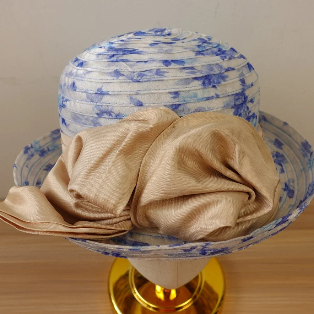 Vintage Kentucky Derby Hat Blue Breton Church Floral Organza Bow Pearl Brooch - Picture 6 of 11
